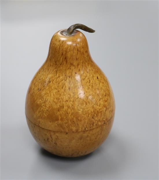 A 19th century turned burr wood box, in the shape of a pear